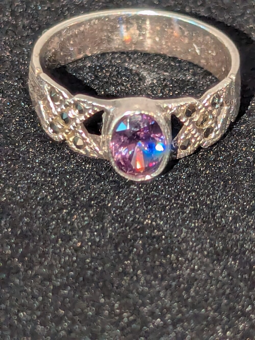 Vintage 925 CN Sterling Silver Marcasite Ring Purple Stone Sz 8